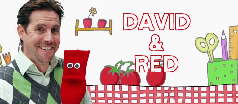 Englisch lernen: Socke Red und David, dazu Schriftzug "David and Red"