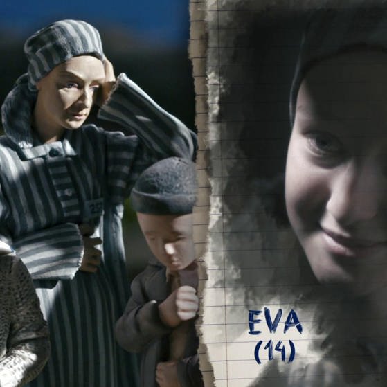 Eva in Häftlingskleidung.