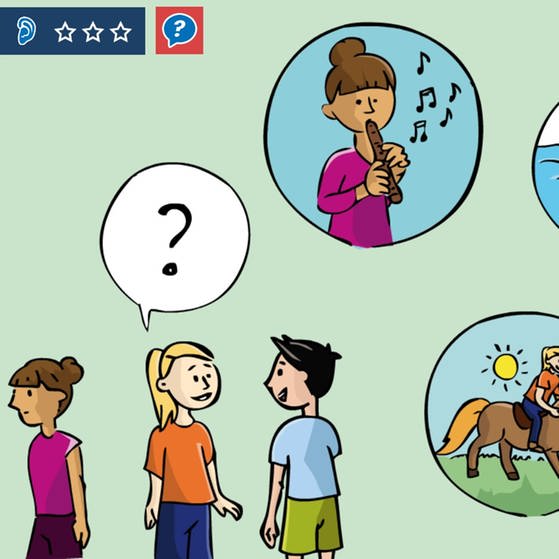 Im Lernspiel Deutsch lernen mit Mumbro und Zinell können Kinder in verschiedenen Übungen das Hörverstehen und Modalverben trainieren, zum Beispiel zum Themengebiet Hobbies.   (Foto: SWR / Screenshot aus Lernspiel)