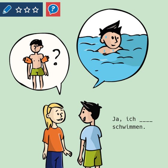 Im Lernspiel Deutsch lernen mit Mumbro und Zinell können Kinder in verschiedenen Übungen das Schreiben von Modalverben trainieren, zum Beispiel zum Themengebiet Hobbies.  (Foto: SWR / Screenshot aus Lernspiel)