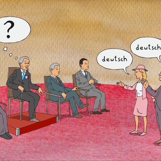 Grafik : Politiker und prostierende Menschen mit Sprechblasen : « deutsch »