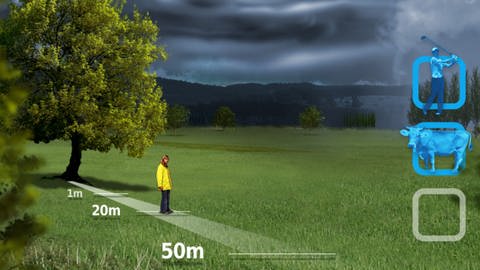 Ein Mensch in Regenjacke befindet sich im Lernspiel Blitzsimulator mit einem Abstand von 20 Metern neben einem Baum. Schlägt bei einem Gewitter ein Blitz in den Baum ein, kann das lebensgefährlich für den Mensch werden. 