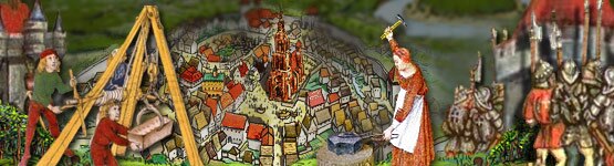 Montage: Im Vordergrund verschiedene mittelalterliche Berufe in zeitgen&ouml;ssischen Darstellungen.  Im Hintergrund eine Grafik, die eine mittelalterlichen Stadt zeigt. (Quelle: SWR)