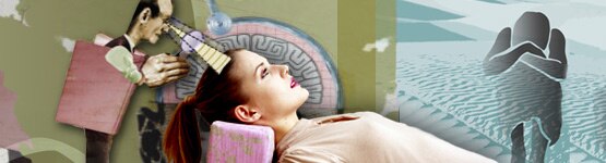 Montage: Eine grafische Darstellung eines Psychiaters schaut einer auf einem Kopkissen ruhenden Frau scheinbar ins Gehirn. Daneben, iconhaft, eine Gestalt, die eine Depression darstellen soll. (Quelle: Ikon Images, dpa Picture Alliance, Solaris)