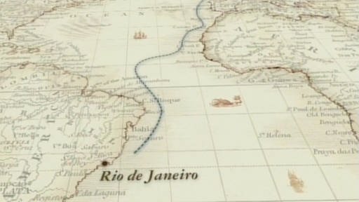 Landkarte mit eingezeichneter Reiseroute von Plymouth nach Rio de Janeiro.