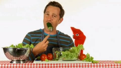 Ein Mann beißt in eine Gurke, neben ihm eine rote Strumpfhandpuppe, vor ihnen auf dem Tisch liegt Salat. 
