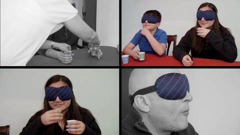 Eine Collage aus vier Bildern: Menschen machen mit verbundenen Augen einen Geschmackstest.