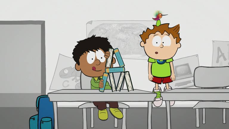 Der kleine Philosoph Knietzsche wird von einem Kolibri in die Luft gehoben, neben ihm im Klassenzimmer baut ein anderes Kind eine Pyramide aus Büchern.