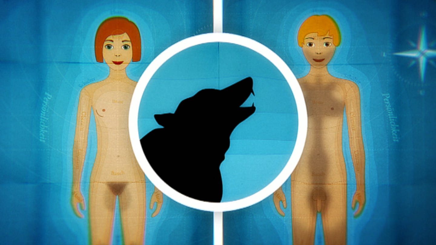 Grafik von einem Mädchen und einem Jungen mit einem heulenden Werwolf in der Mitte