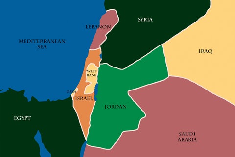 Bunteingefärbte Landkarte mit Israel, dem Gazastreifen und dem Westjordanland und den Anrainerstaaten