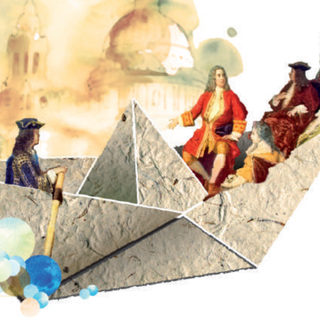 Collage von George I. gemeinsam mit Georg Friedrich Händel auf einer Bootsfahrt auf der Themse.