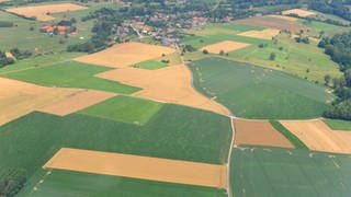 Luftaufnahme einer Landschaft mit zahlreichen Feldern