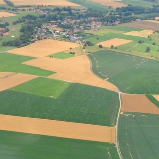 Luftaufnahme einer Landschaft mit zahlreichen Feldern