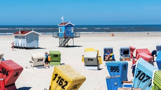 Ein Nordseestrand mit vielen bunten Strandkörben.