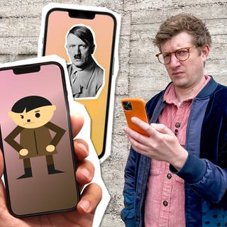 Robert hält sein Smartphone in der Hand und schaut skeptisch in die Kamera. Links neben ihm sind zwei Smartphones eingeblendet, auf dem einen Display ist ein Foto von Adolf Hitler zu sehen, auf dem anderen eine grafische Darstellung von ihm.