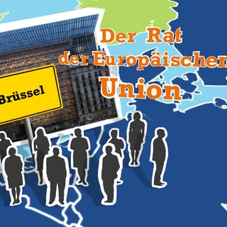 Auf einer Europakarte sind der Schriftzug „Der Rat der Europäischen Union“, das Europagebäude in Brüssel, die Silhouetten mehrerer Personen sowie ein Ortsschild mit der Aufschrift „Brüssel“ eingeblendet.