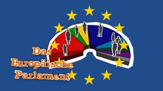 Neben dem Schriftzug „Das Europäische Parlament“ sind die Sterne der EU-Flagge, Silhouetten mehrerer Personen sowie eine Sitzverteilung im EU-Parlament eingeblendet.