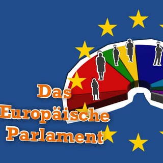 Neben dem Schriftzug „Das Europäische Parlament“ sind die Sterne der EU-Flagge, Silhouetten mehrerer Personen sowie eine Sitzverteilung im EU-Parlament eingeblendet.