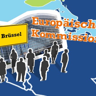 Auf einer Europakarte sind der Schriftzug „Europäische Kommission“, das Berlaymont-Gebäude in Brüssel, die Silhouetten mehrerer Personen sowie ein Ortsschild mit der Aufschrift „Brüssel“ eingeblendet.