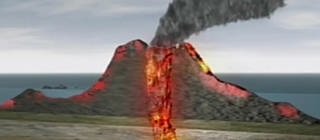 Animation des Querschnitts eines Vulkans beim Ausbruch.