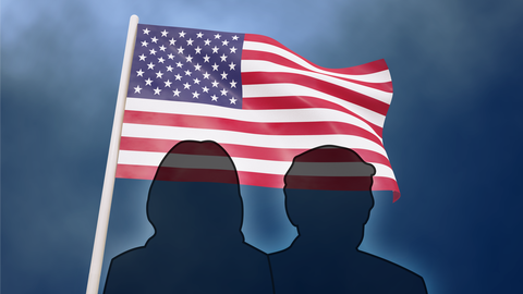 Graphische Darstellung: Silhouette eines Mannes und einer Frau vor USA-Flagge 