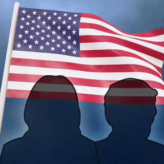 Graphische Darstellung: Silhouette eines Mannes und einer Frau vor USA-Flagge 