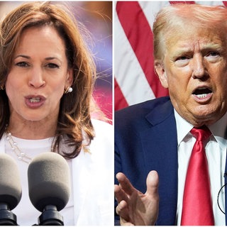 Bild-Kombination von Kamala Harris und Donald Trump, während sie eine Rede halten