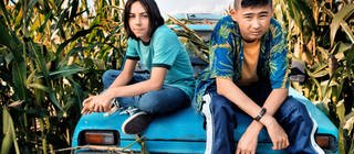 Zwei Teenager auf einem Auto im Maisfeld