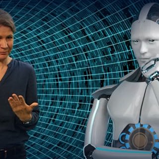 Die Moderatorin unterhält sich in Gebärdensprache mit einem humanoiden Roboter