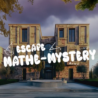 Im Hintergrund: Eine große Villa, deren Fassade mit Formeln versehen ist. Im Vordergrund steht: Escape Mathe-Mystery und rechts sieht man den Influencer Simon Will