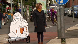 Die Moderatorin steht an einer Straße, neben ihr die Zeichnung der personifizierten Völlerei: eine nackte, fette Person, die isst und auf einem Wagen sitzt. Am Bauch platzen Nähte.
