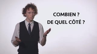 Ein junger Mann erklärt etwas, neben ihm der Schriftzug "Combien? De quel côte?".