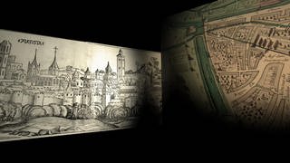 Die Zeichnung einer Stadt und ein alter Stadtplan