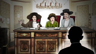 Zeichnung: drei Frauen mit großen Hüten sitzen an einem großen Tisch und schauen streng, vor ihnen erkennt man einen männlichen, schwarzen Schatten.