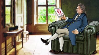 Zeichnung: Goethe sitzt auf einem grünen Ledersessel und begutachtet missmutig ein Verbotsschild mit der Unterschrift "Das Ziel existiert nicht!"