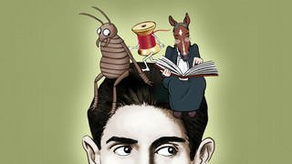Zeichnung: die obere Hälfte von Franz Kafkas Kopf, darauf sitzen ein Käfer, ein lesendes Pferd in einem dunklen Kleid und rotes Garn mit Armen und Beinen.