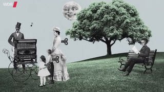 Zeichnung: rechts sitzt E.T.A. Hoffmann auf einer Parkbank, liest und beobachtet eine Frau und ihre zwei Kinder, die vor einem Mann mit einer Drehorgel stehen.