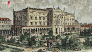 Gemälde von Warschau: ein prunkvolles Gebäude und ein großer, angelegter Garten.