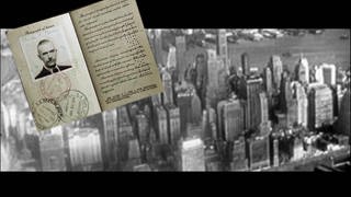 Schwarz Weiß Aufnahmen von Wolkenkratzern in den USA. In der oberen linken Ecke prangt der Ausweis von Thomas Mann.