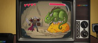 Eine Zeichnung von einem Videospiel: ein Ritter kämpft gegen einen Drachen auf einem Goldschatz.