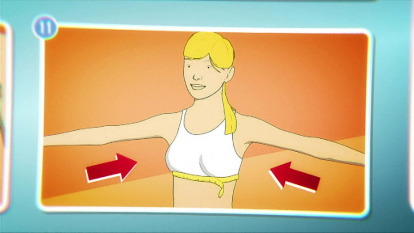 Animiert – Ein Mädchen trägt einen BH und hat ein Maßband umgebunden. Zwei Pfeile zeigen auf ihren BH.